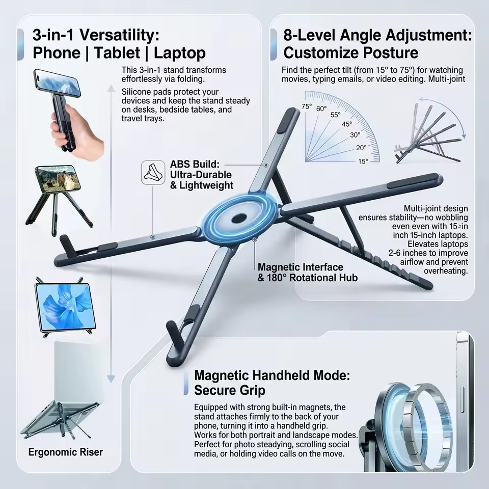 Essential Tablet Accessories - ที่วางโทรศัพท์แม่เหล็กแบบพกพาและไม้เซลฟี่ 3-in-1 ขาตั้งกล้องพับได้สำหรับ iPhone, iPad, แท็บเล็ต,