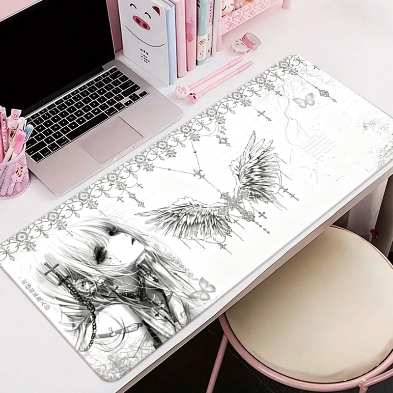 Tablet With All Accessories - แผ่นรองเมาส์หนังสีดำสีขาวอะนิเมะความงามของสาวนางฟ้าแผ่นรองเมาส์อุปกรณ์สำนักงานคีย์บอร์ดเกมพีซีอีสปอร์ต HD แผ่นรองโต๊ะ